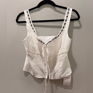 🤍 NWT Marthea White Lace Trim Spaghetti Strap Tie-Front Top – SZ L 🤍